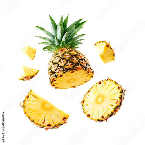 Pineapple slices healthy juice fruit isolated on a transparent background.