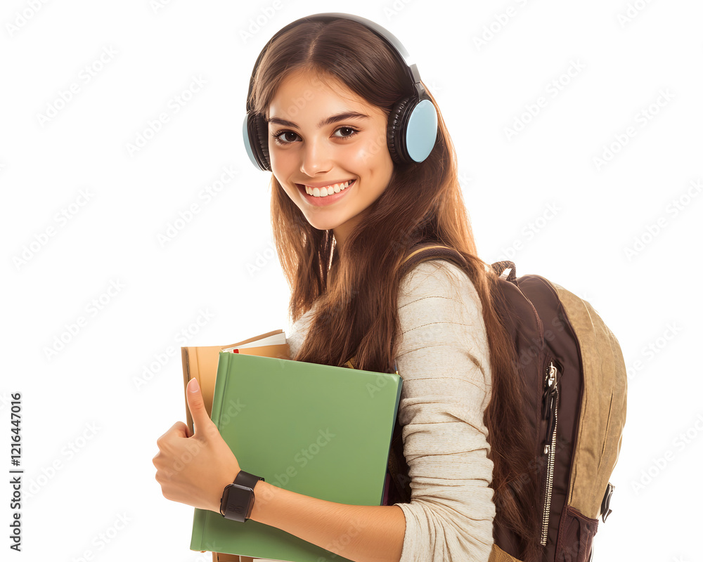 A beautiful brunette young woman in a student backpack, holding books, smiling with a thumbs-up and headphones, set against a white background A beautiful brunette young woman in a student backpack, holding books, smiling with a thumbs-up and headphones, set against a white background