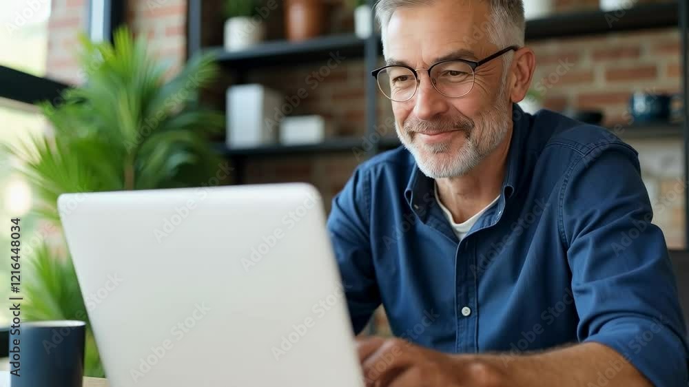 Cheerful Senior Man Working on Laptop at Home Office Surrounded by Indoor Plants, Emphasizing Remote Work and Digital Connection Cheerful Senior Man Working on Laptop at Home Office Surrounded by Indoor Plants, Emphasizing Remote Work and Digital Connection