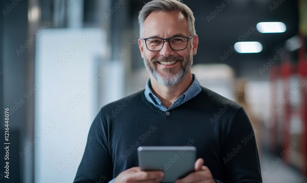 Smiling male warehouse manager using a digital tablet for inventory management in a modern storage facility, exemplifying efficient logistics and organization, Generative AI Smiling male warehouse manager using a digital tablet for inventory management in a modern storage facility, exemplifying efficient logistics and organization, Generative AI