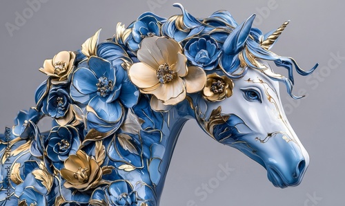 Elegant Blue and Gold Floral 3D Horse Sculpture with Luxurious Petals and Flowing Mane - Artistic Decoration and Creative Interior Design Element, Generative AI photo