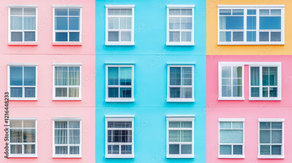 Pastel Building Facade with Symmetrical Windows Pastel Building Facade with Symmetrical Windows