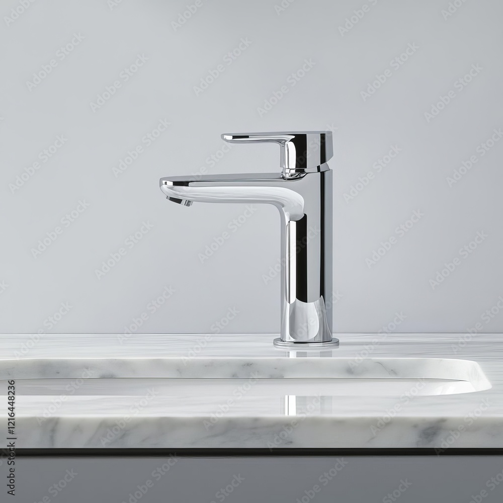 Chrome faucet with a rectangular base, mounted on a marble vanity Chrome faucet with a rectangular base, mounted on a marble vanity