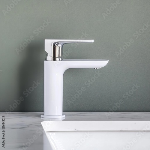 Chrome faucet with a rectangular base, mounted on a marble vanity photo