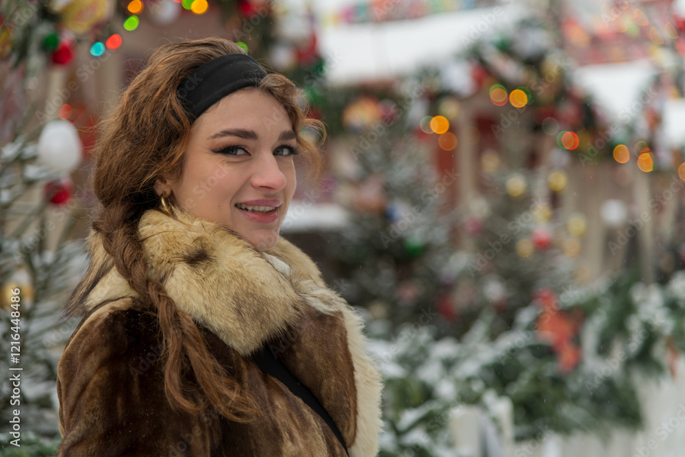 Young woman smiles in winter setting surrounded by festive decorations and snow Young woman smiles in winter setting surrounded by festive decorations and snow