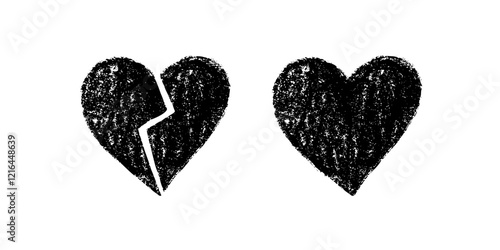 Grunge broken and whole heart illustration in black and white