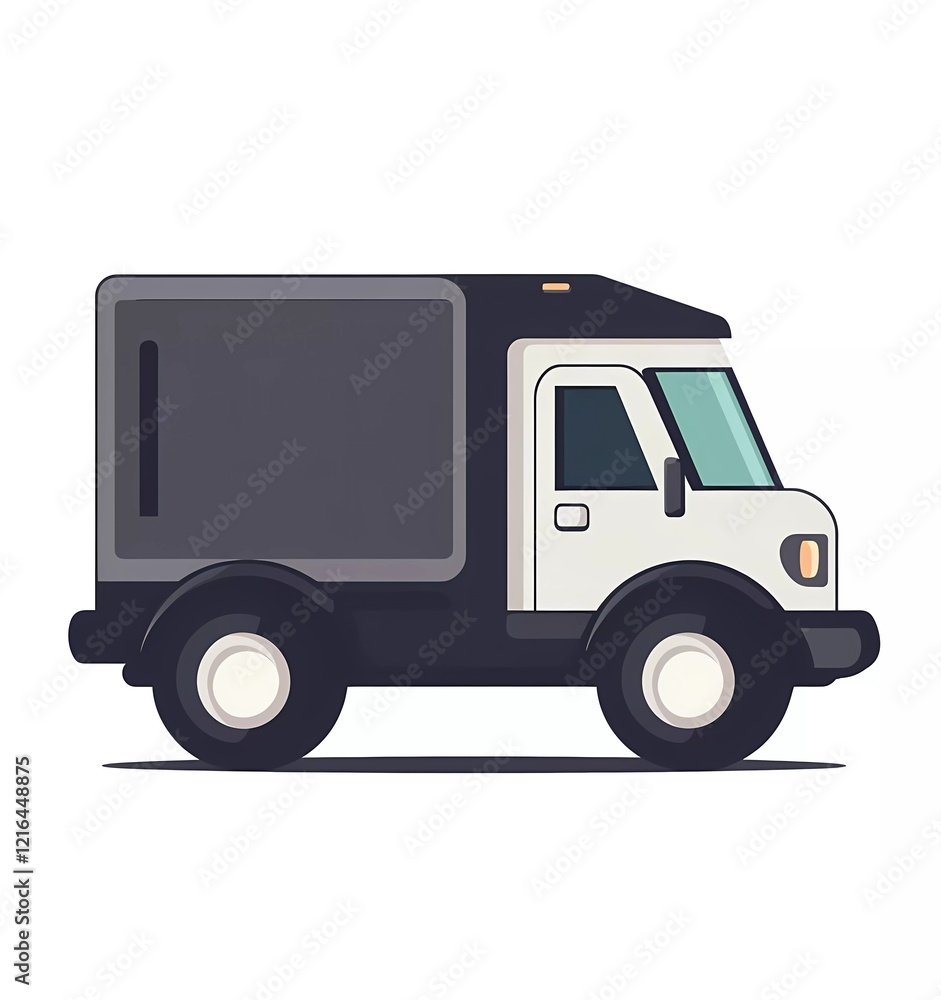 A simple vector icon of a delivery truck, with a flat design on a white background. The design is minimalistic, using only simple shapes in black and grey. A simple vector icon of a delivery truck, with a flat design on a white background. The design is minimalistic, using only simple shapes in black and grey.