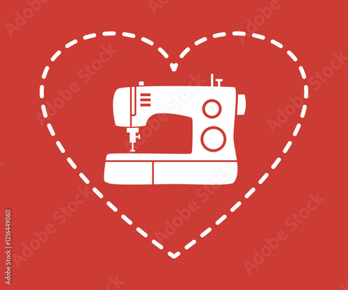 Sewing machine with stitched heart vector illustration.