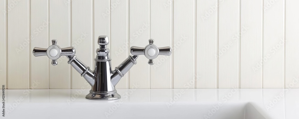 Chrome faucet with cross-shaped handles, exuding old-world charm Chrome faucet with cross-shaped handles, exuding old-world charm