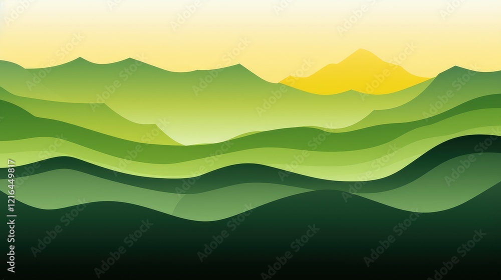 Obraz premium A stylized landscape featuring layered green hills and mountains under a soft gradient sky.
