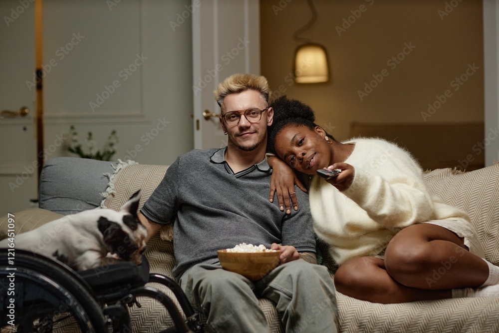Portrait of calm male wheelchair user sitting on couch with African American girlfriend holding remote control while watching classic films on romantic home date, hygge concept, copy space Portrait of calm male wheelchair user sitting on couch with African American girlfriend holding remote control while watching classic films on romantic home date, hygge concept, copy space