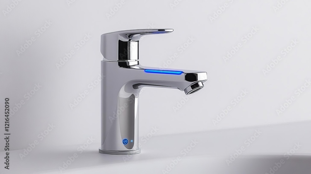 Chrome faucet with touchless activation, glowing blue LED indicator, high-tech minimalism Chrome faucet with touchless activation, glowing blue LED indicator, high-tech minimalism