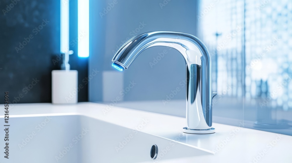 Chrome faucet with touchless sensor activation, set in a futuristic bathroom Chrome faucet with touchless sensor activation, set in a futuristic bathroom