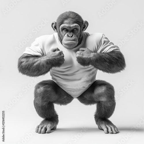  anthropomorphic chimpanzee bodybuilder striking a dynamic pose, showcasing impressive muscles and strength. This playful and powerful character blends animal and human traits for a bold, banner photo