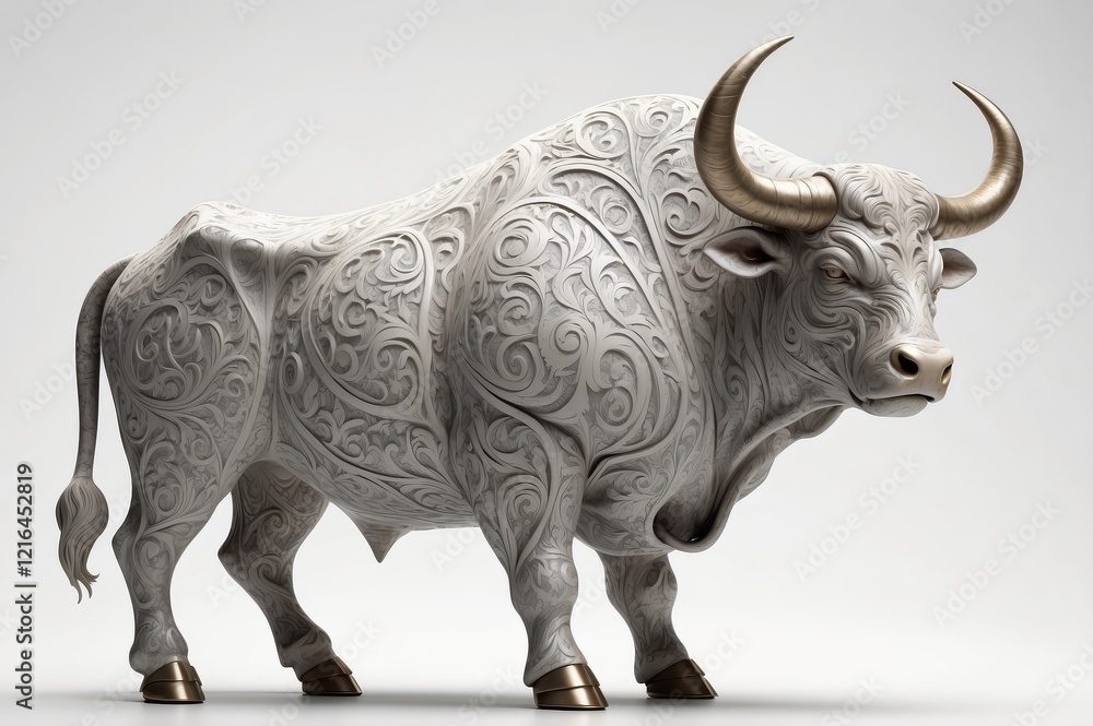 Fototapeta premium Ornate white bull statue with gold horns and hooves, isolated on white background.
