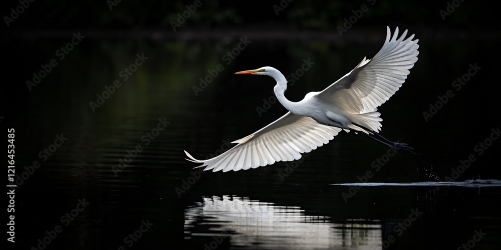 Obraz premium White Egret in Flight with Reflection on Dark Water, Dramatic Lighting on Black Background