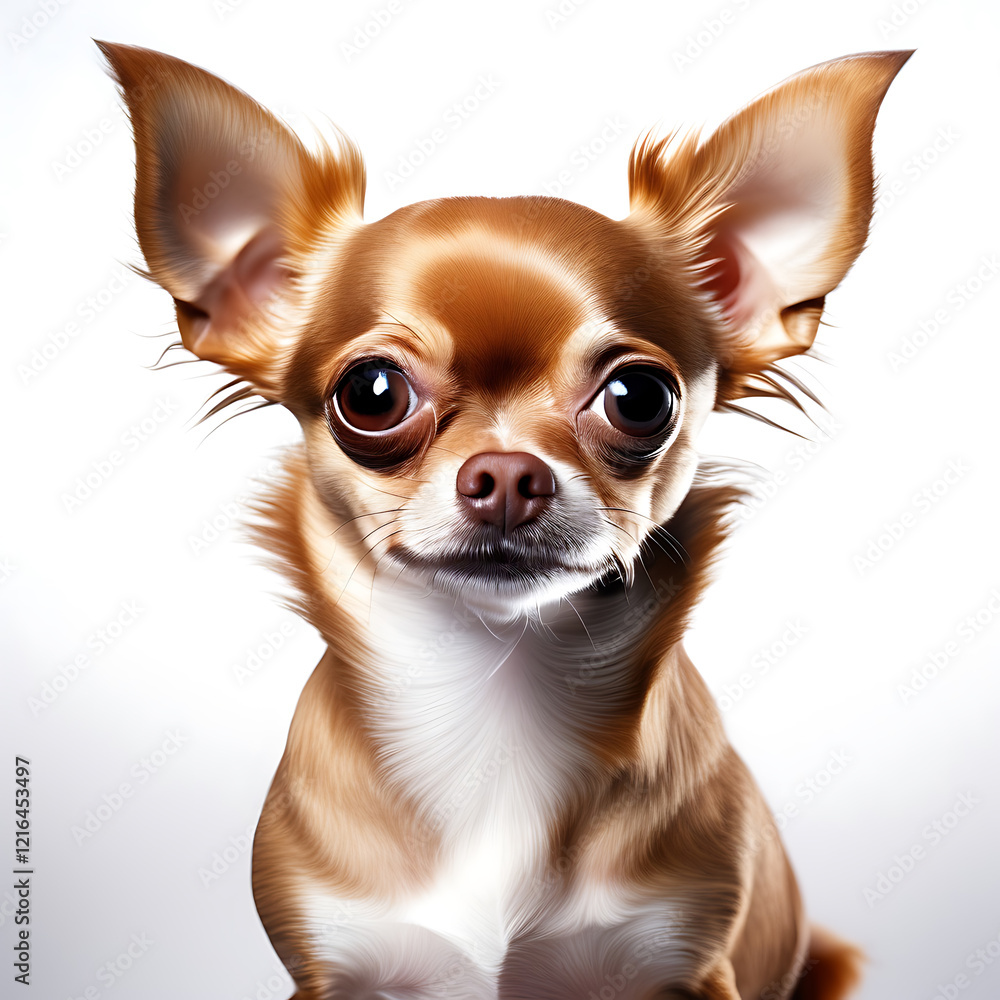 Obraz premium Adorable Apple Head Chihuahua with Large, Expressive Eyes and a Compact Body, Showcasing a Smooth Coat in Shades of Fawn and White, Set Against a Seamless White Background.