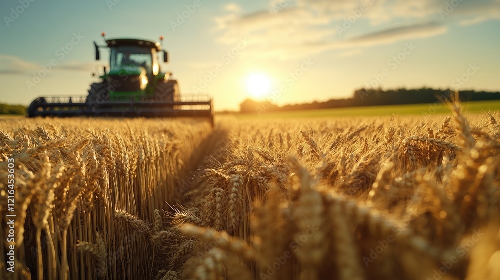 Fototapeta premium Tractor harvesting wheat field sunset