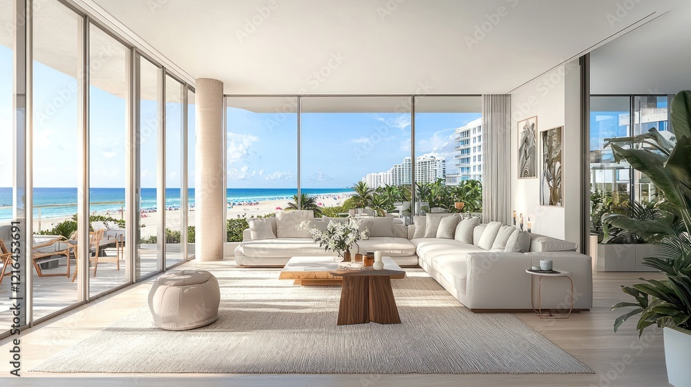 Fototapeta premium Luxury Beachfront Condo Living Room: Ocean View Apartment Interior Design