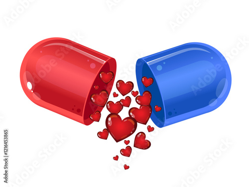 Love pill. Romantic conceptual illustration. Valentine's Day card with pill and red hearts, banner or invitation.