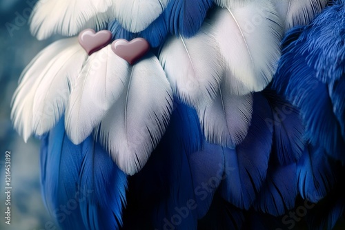 Blue And White Bird Feathers With Pastel Hearts, Romantic Valentine s Day Nature Background photo