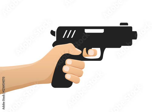 Hand holding pistol gun icon in flat style. Firearm symbol vector illustration on isolated background. Rifle ammo sign business concept.