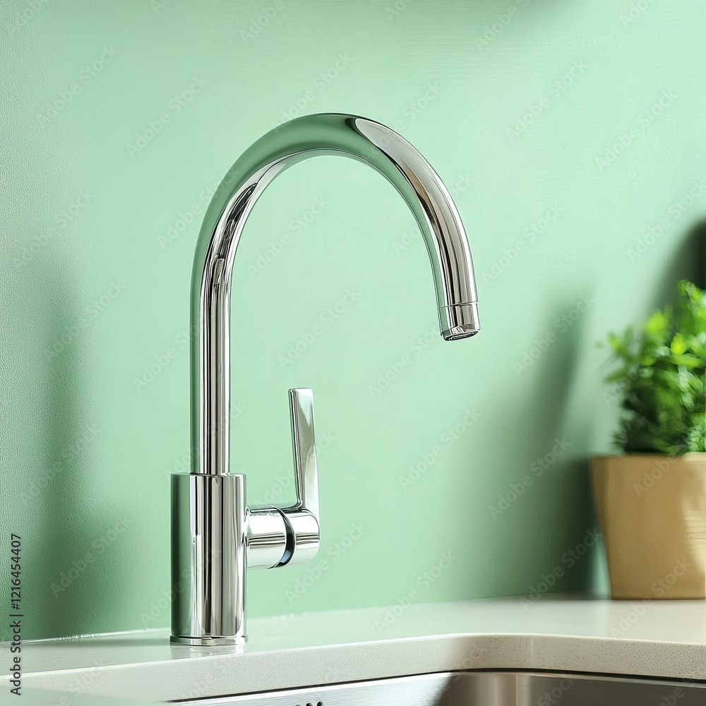 Eco-friendly chrome faucet with a water-saving aerator, paired with a green-themed kitchen Eco-friendly chrome faucet with a water-saving aerator, paired with a green-themed kitchen