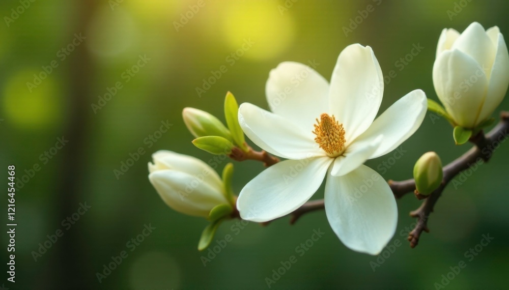 Delicate magnolia branch with creamy white blooms, magnolia, petals, garden