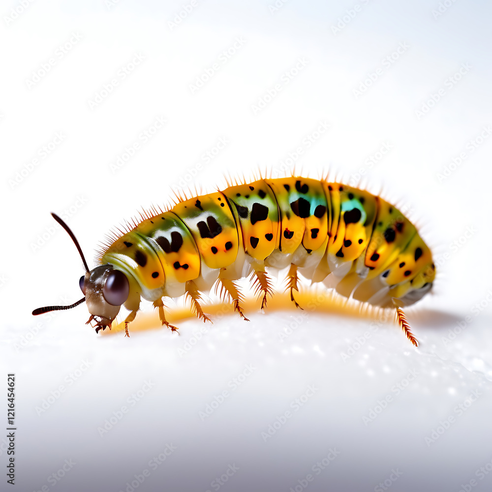 Close-up of a Bagworm Moth Caterpillar on a Seamless White Background, Showcasing Its Unique Silk Case and Distinctive Body Patterns Close-up of a Bagworm Moth Caterpillar on a Seamless White Background, Showcasing Its Unique Silk Case and Distinctive Body Patterns