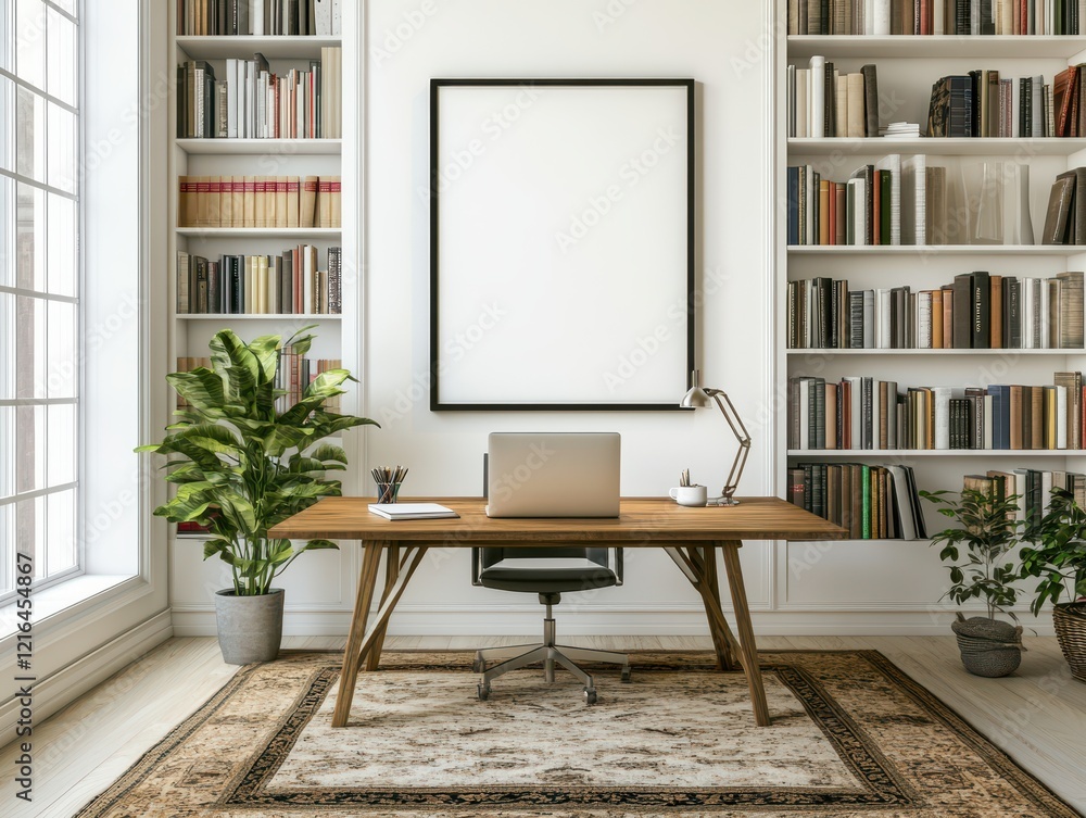 Fototapeta premium Modern Home Office Interior Design with Wooden Desk, Bookshelves, and Large Artwork
