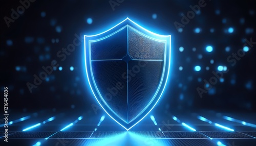 Wallpaper Mural A glowing shield symbolizing protection and security against digital threats, set against a futuristic background of blue lights. Torontodigital.ca