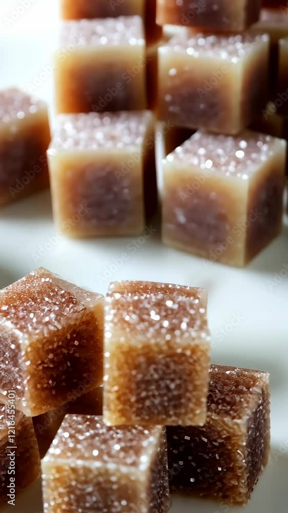 Delicious brown sugar cubes arranged on a white platter at a culinary event Delicious brown sugar cubes arranged on a white platter at a culinary event