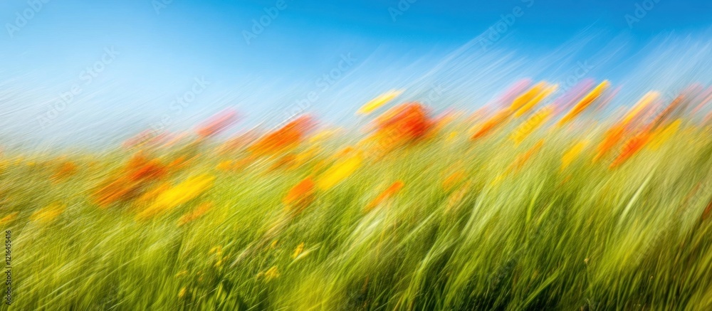Abstract blurry image of vibrant wildflowers swaying in the wind under a clear blue sky. Abstract blurry image of vibrant wildflowers swaying in the wind under a clear blue sky.