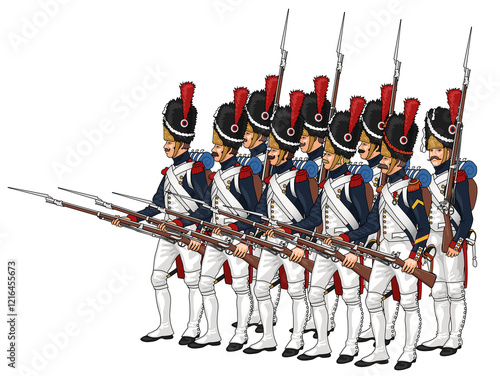 Εκτύπωση καμβά Group of French Guard Grenadiers from Napoleonic Wars, marching in formation with bayonets attached to muskets