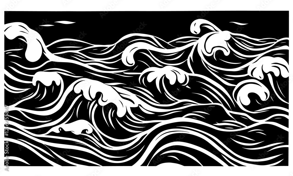 Fototapeta premium Linocut waves water vector background texture
