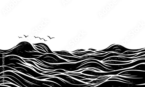 Linocut waves water vector background texture