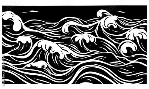 Linocut waves water vector background texture