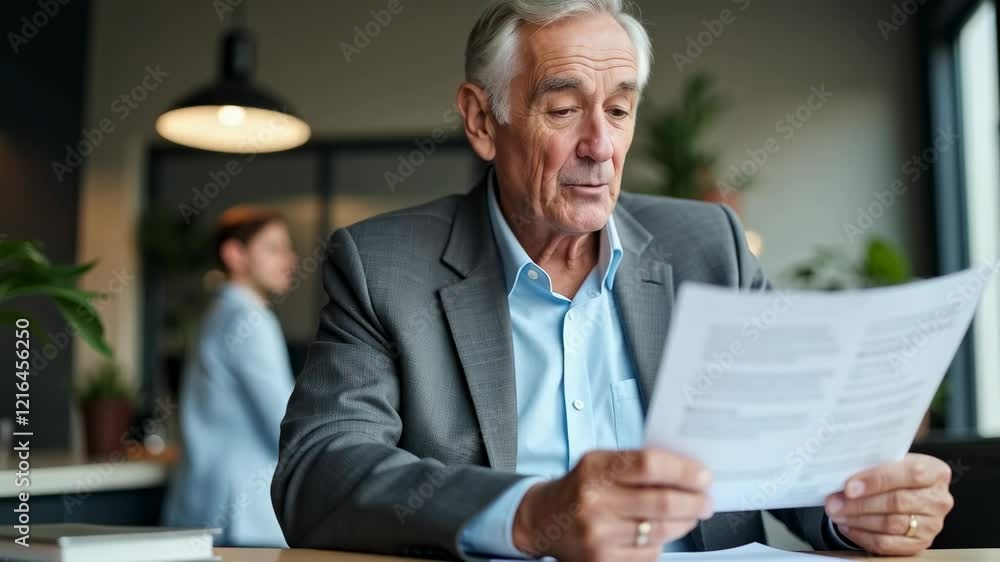 Senior businessman reviewing documents in a modern office setting, showcasing productivity, professionalism, and focus on work Senior businessman reviewing documents in a modern office setting, showcasing productivity, professionalism, and focus on work