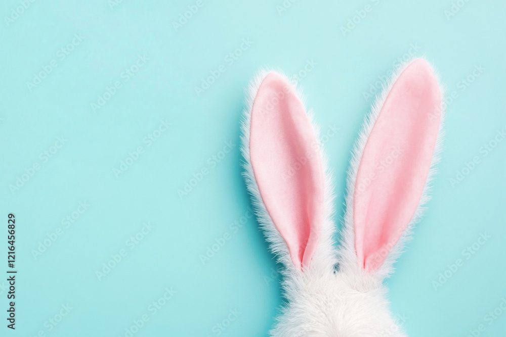 Obraz premium White fluffy bunny ears peek from edge on vibrant blue background. Happy Easter greeting card. Spring banner with copy space