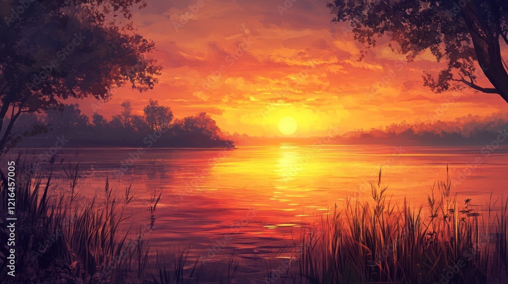 Vibrant sunset over calm lake with trees. Vibrant sunset over calm lake with trees.