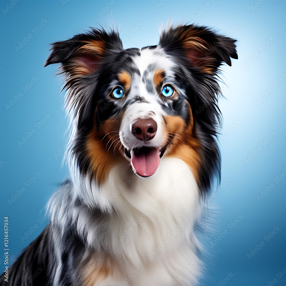 Playful Australian Shepherd Mix with a Beautiful Merle Coat, Bright Blue Eyes, and Fluffy Tail, Posed Gracefully Against a Seamless White Background Playful Australian Shepherd Mix with a Beautiful Merle Coat, Bright Blue Eyes, and Fluffy Tail, Posed Gracefully Against a Seamless White Background