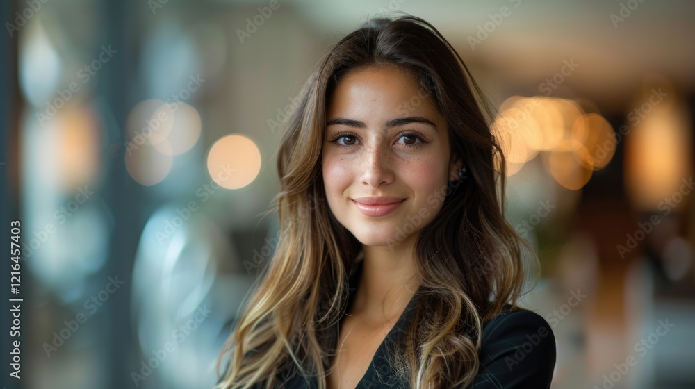 businesswoman smiling confidently at the camera in front of a blurred corporate office background businesswoman smiling confidently at the camera in front of a blurred corporate office background