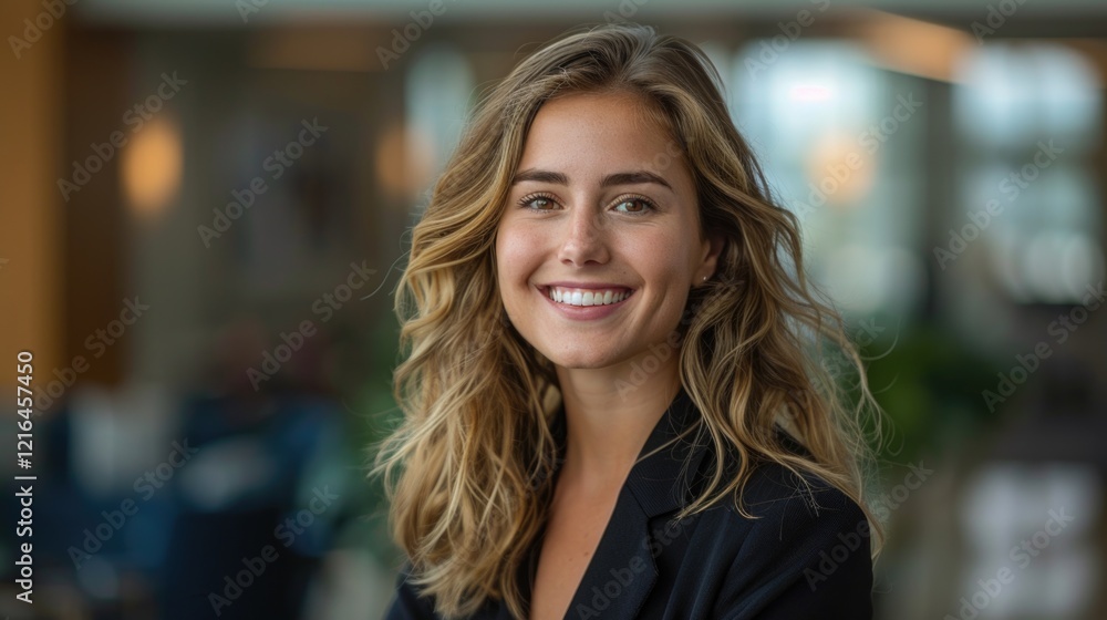 businesswoman smiling confidently at the camera in front of a blurred corporate office background businesswoman smiling confidently at the camera in front of a blurred corporate office background