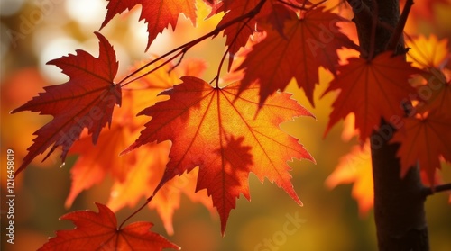 A close-up of a maple tree's leaves, highlighting their intricate shapes and vibrant colors during the fall season. 