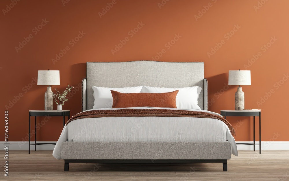 3D rendering of a modern bedroom interior with a warm terracotta-colored wall and a light gray bed, side tables with lamps, and a minimalistic design. Front view, close-up 3D rendering of a modern bedroom interior with a warm terracotta-colored wall and a light gray bed, side tables with lamps, and a minimalistic design. Front view, close-up