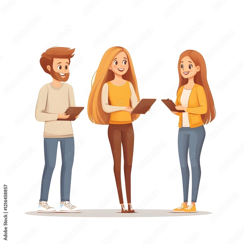 Three cartoon characters engaging with tablets, showcasing teamwork and communication. Three cartoon characters engaging with tablets, showcasing teamwork and communication.