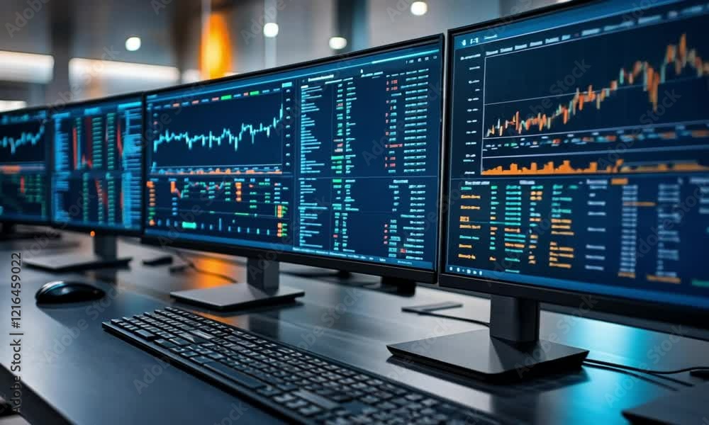 Stock Market Data Analysis Monitors Displaying Financial Charts Stock Market Data Analysis Monitors Displaying Financial Charts