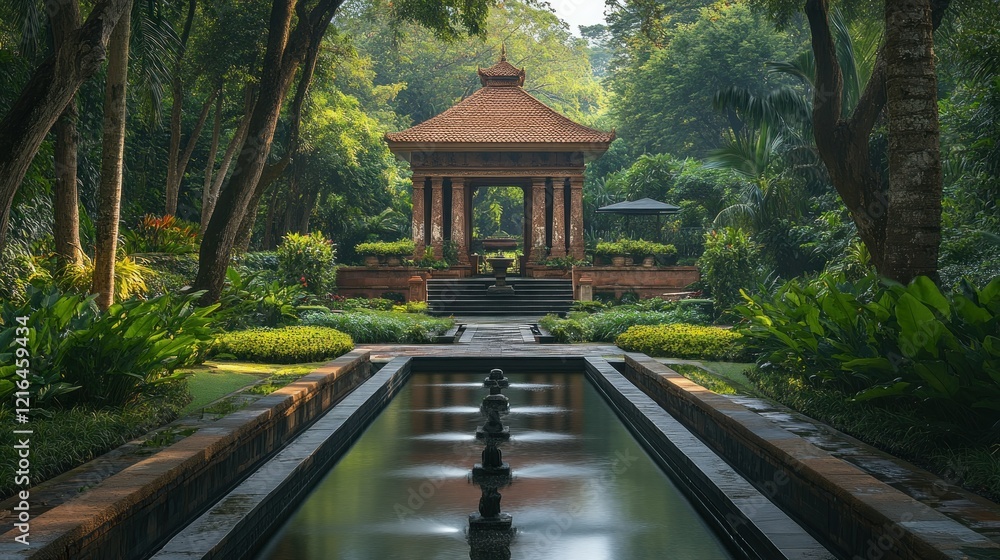 Fototapeta premium Tranquil Asian style garden pavilion centered by a reflecting pool