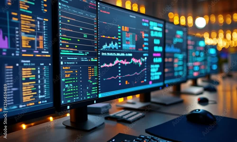 Data Analytics Monitors Displaying Financial Charts and Code Data Analytics Monitors Displaying Financial Charts and Code