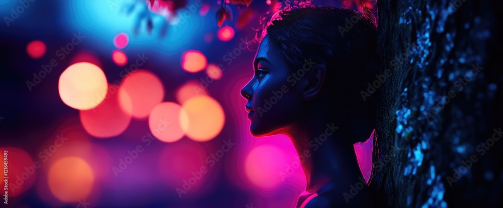 Fototapeta premium Woman silhouette, neon lights, night, city bokeh. Poster use
